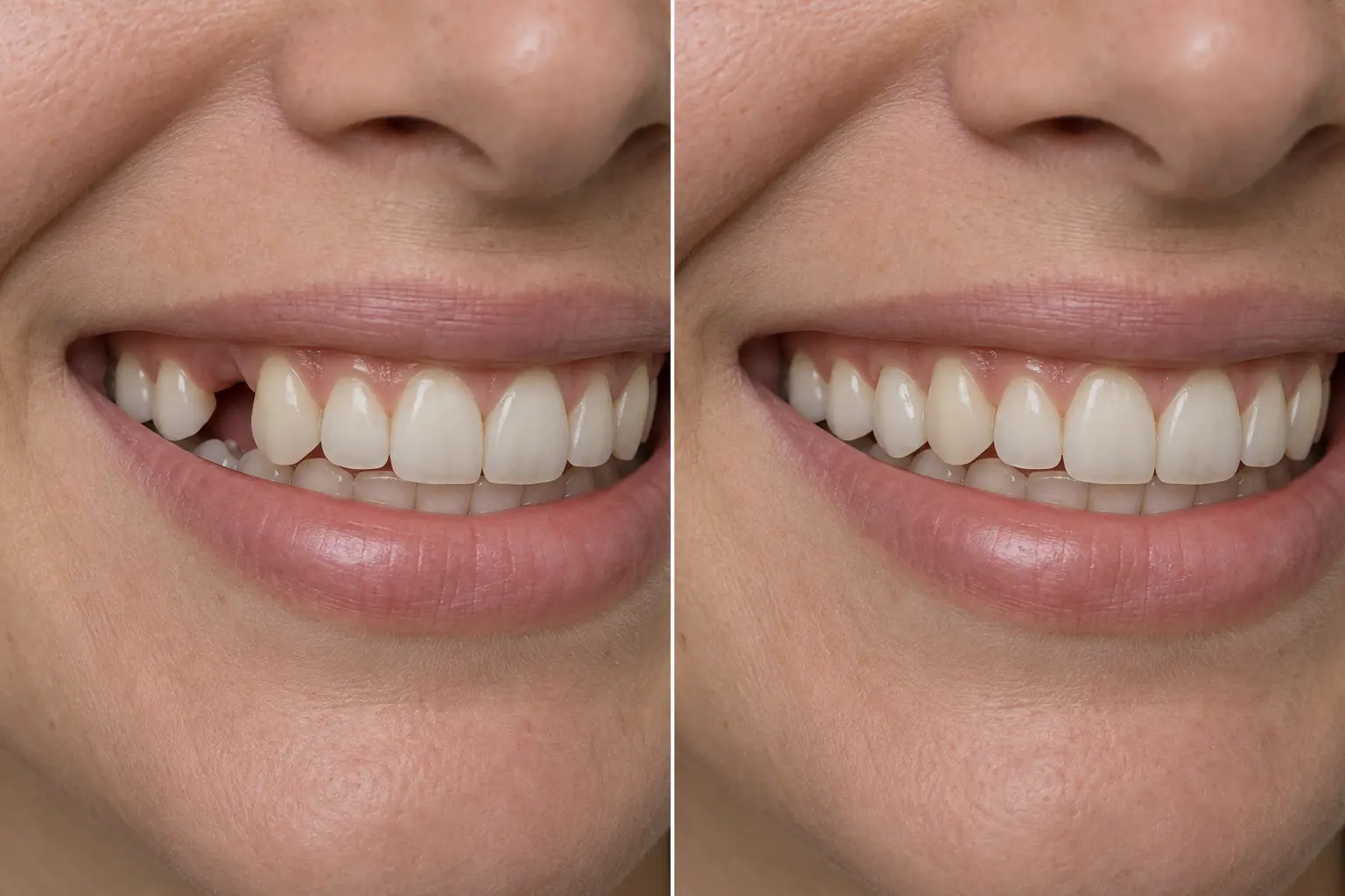Simulação ilustrativa de antes e depois da reposição de dente com implante