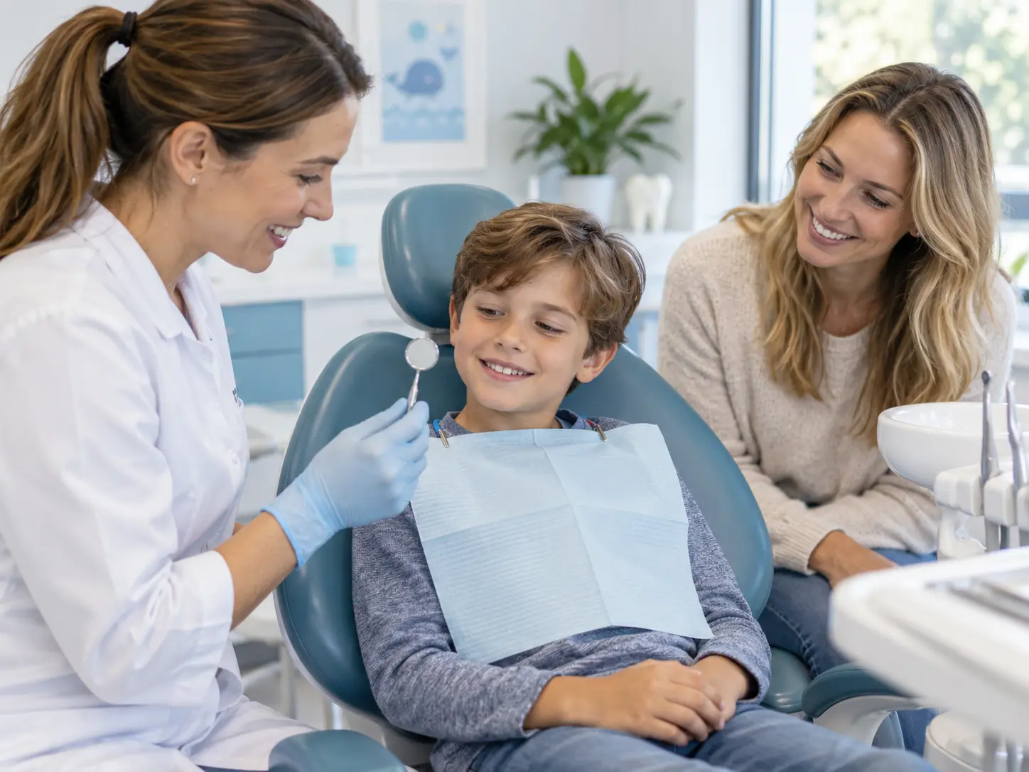 Consulta ilustrativa de odontopediatria com criança e responsável
